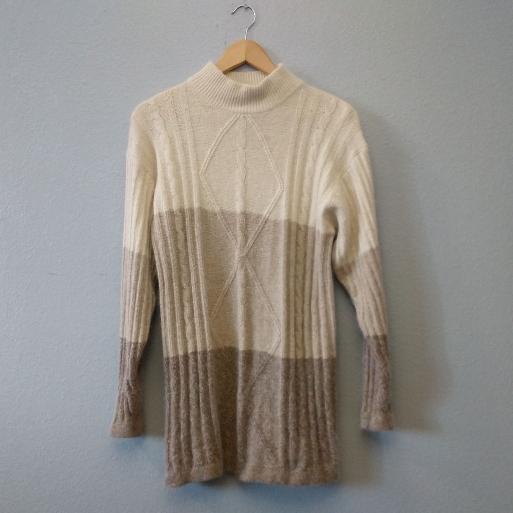 Vintage Segue Women's Medium Beige Tan Colorful Cable Knit Boxy Sweater Tunic